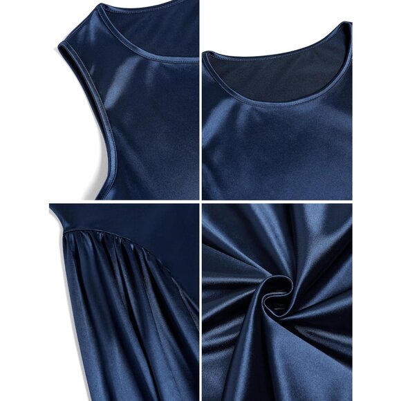 Women's Satin Cocktail Dress Semi Formal Sleeveless Midi for Wedding Guests - Picture 6 of 9